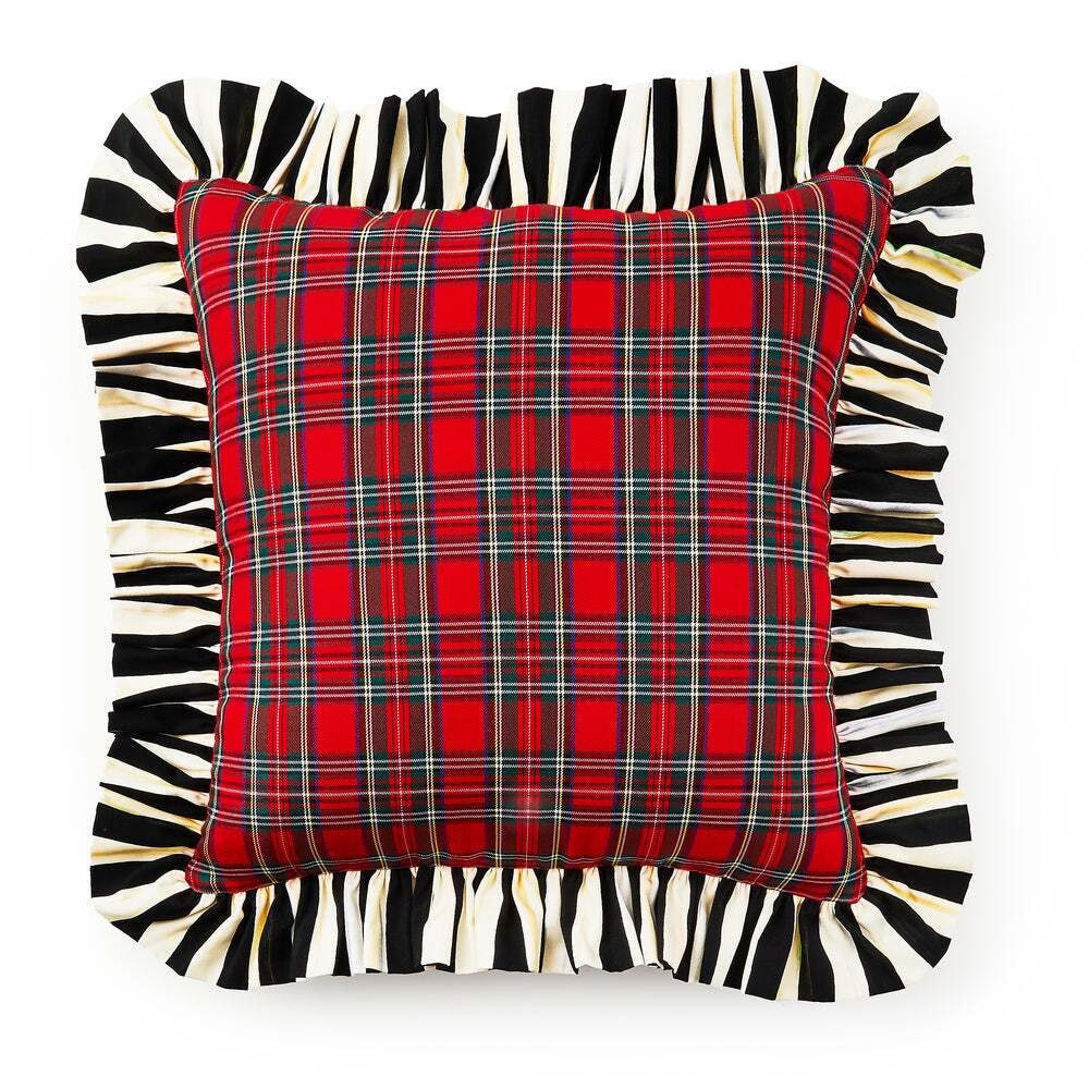 Brand New Mackenzie-Childs Red Tartan & Stripe Ruffle Pillow 20in Holiday Decor